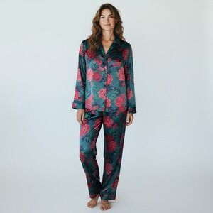 Thalia Sodi Intimates Teal Red Floral Satin Pajama Set Lace Trim Large L/G